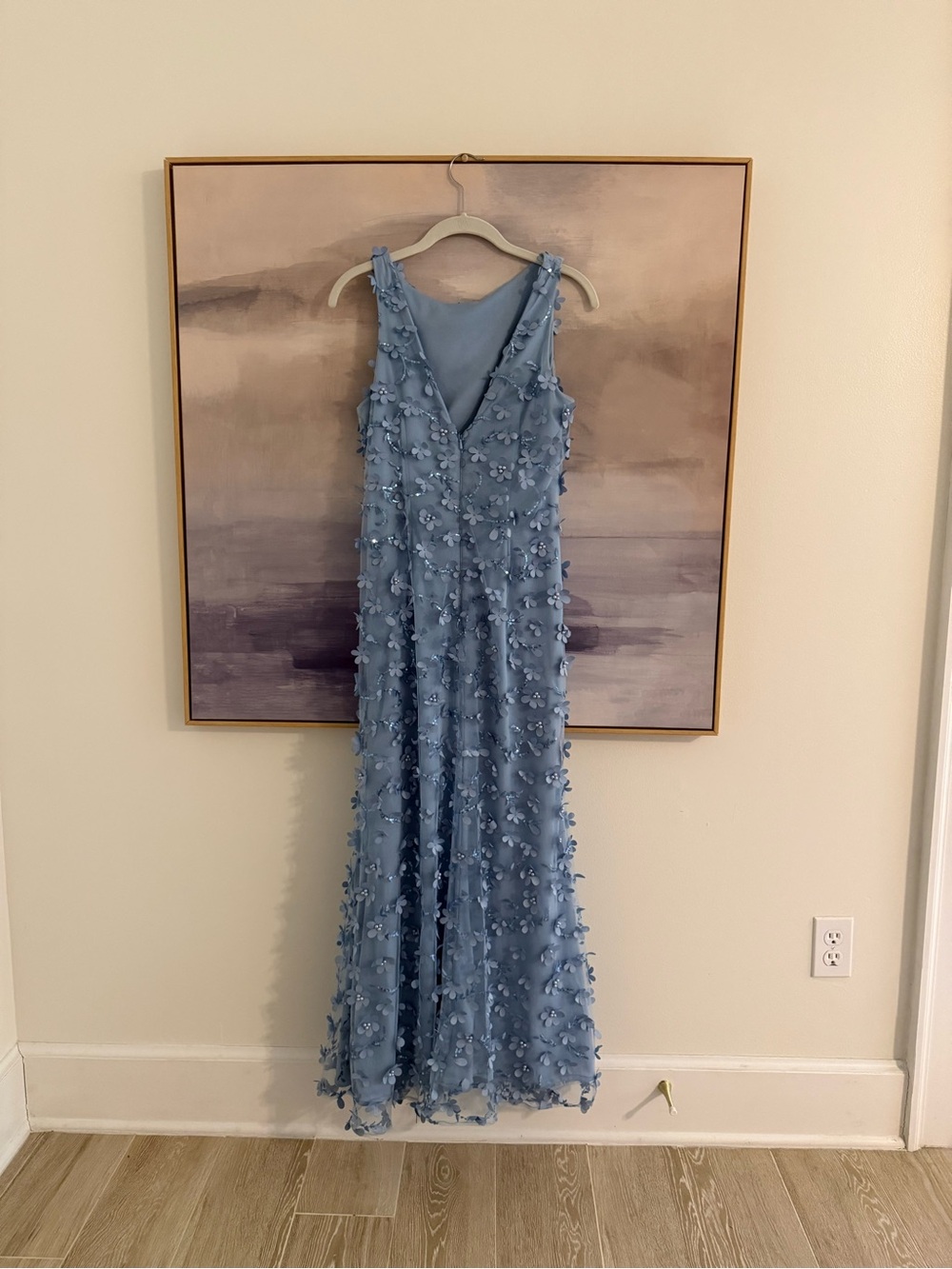 Carmen Marc Valvo Infusion 3D Floral Mermaid Gown Dusty Blue Evening Gown - Picture 2 of 7